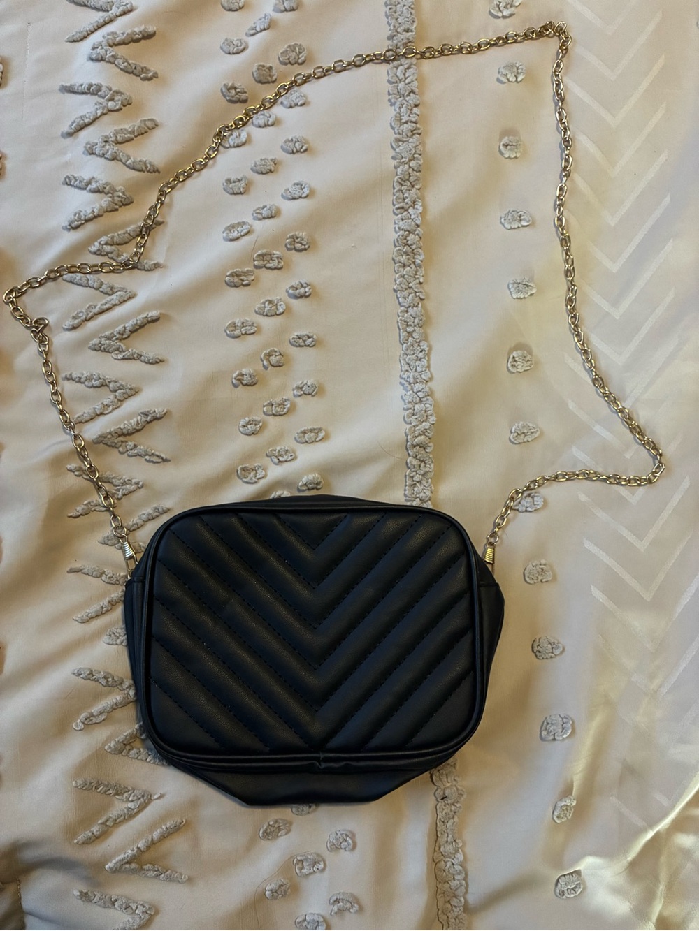 Chevron Quilted Black Crossbody Bag with Gold Chain Strap